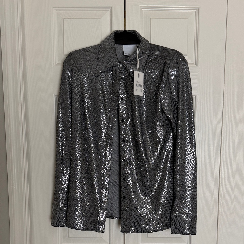 C/MEO Collective Silver Sequin Long Sleeve Button-Up Top